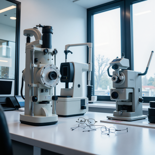 Professional optical workshop with craftsmen working on precision equipment, showing attention to detail and quality control