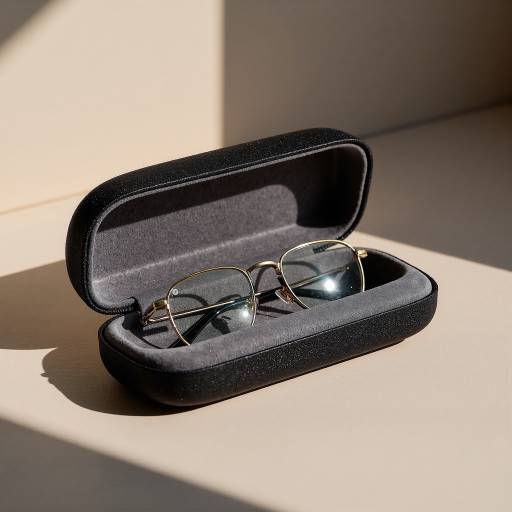 Classic rectangular optical glasses with gold metal frame, sitting on marble surface with natural lighting