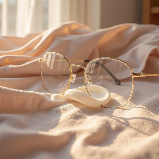 Elegant rimless glasses with clear lenses, positioned on minimalist white background with subtle shadows