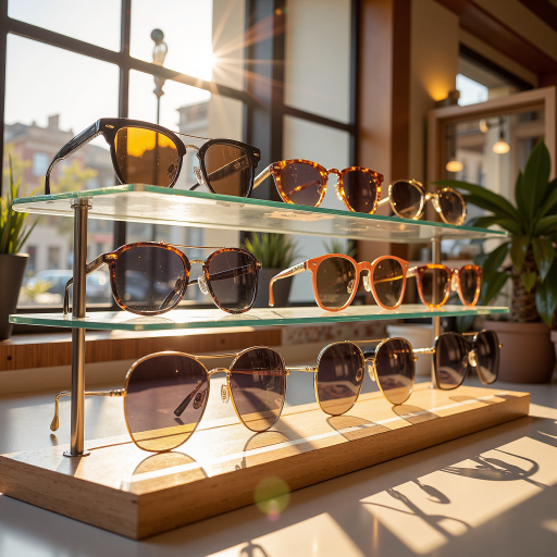 Modern aviator sunglasses with gradient lenses, displayed on wooden surface with soft shadows