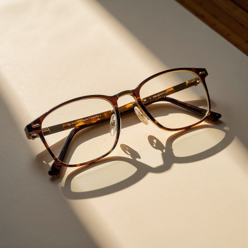 Premium optical glasses on elegant surface with soft lighting, showcasing modern design and high-quality materials